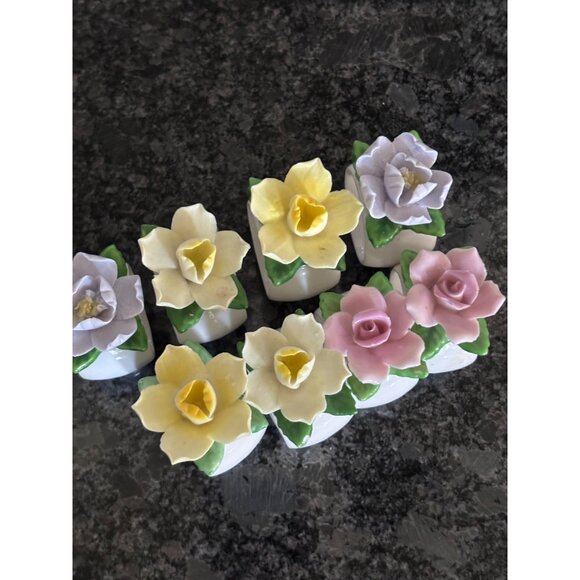 Set Of 8 Diamantine China Floral Napkin Rings Pink Roses & Yellow Daffodils - Picture 6 of 16
